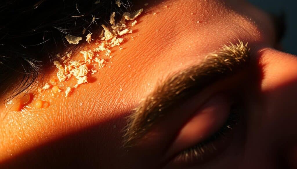 High-contrast close-up photograph of various common seborrheic dermatitis triggers: oily or greasy skin, dandruff flakes on the scalp, redness and inflammation around the nose, ears, and eyebrows. Crisp details, warm lighting from the side creating dramatic shadows, shallow depth of field to isolate the subjects. Neutral, muted color palette with a clinical, diagnostic feel. Evocative of the underlying causes and exacerbating factors of this skin condition.