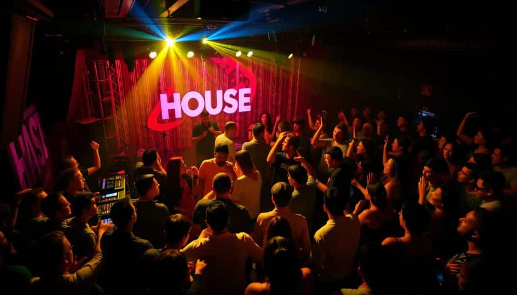 Image of a crowded house music club in Chicago with DJs performing.