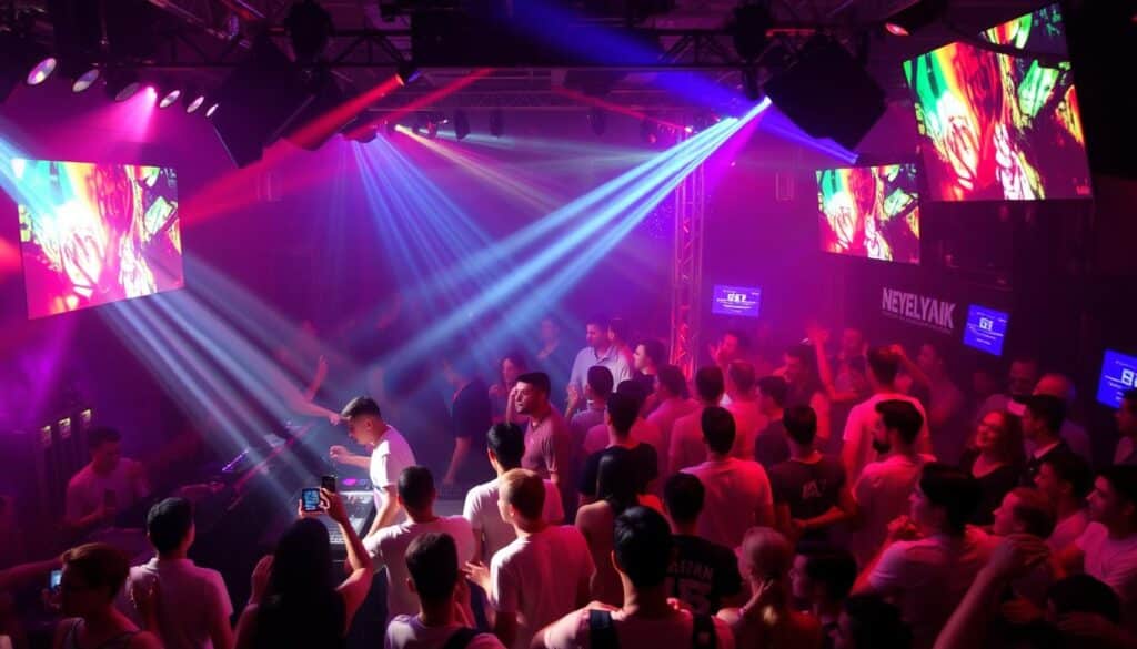 Image of a crowded nightclub in NYC with DJs