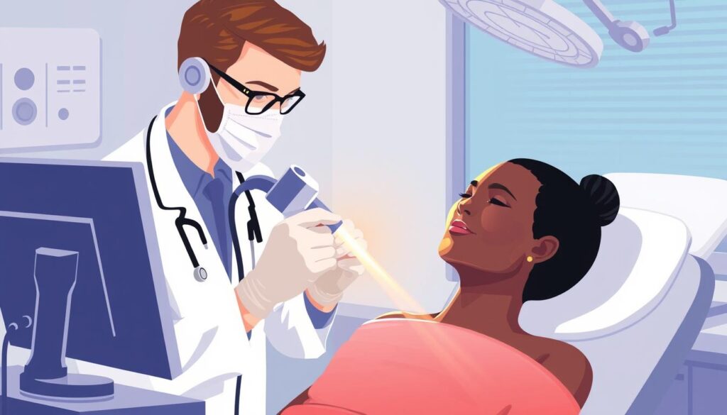 Image of a dermatologist performing a laser therapy treatment on a patient with hyperpigmentation.