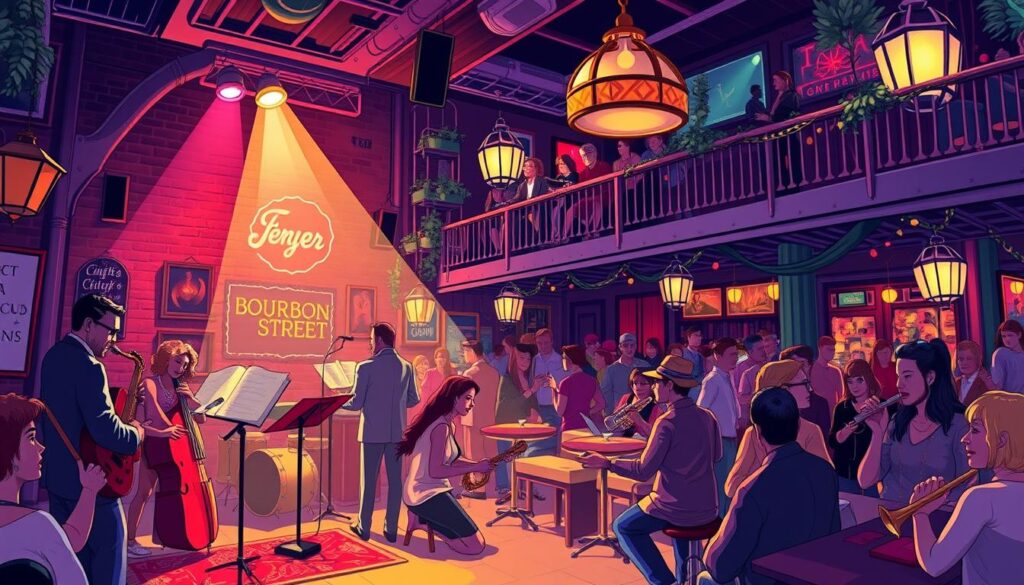 Image of a jazz club on Bourbon Street in New Orleans, with musicians performing.