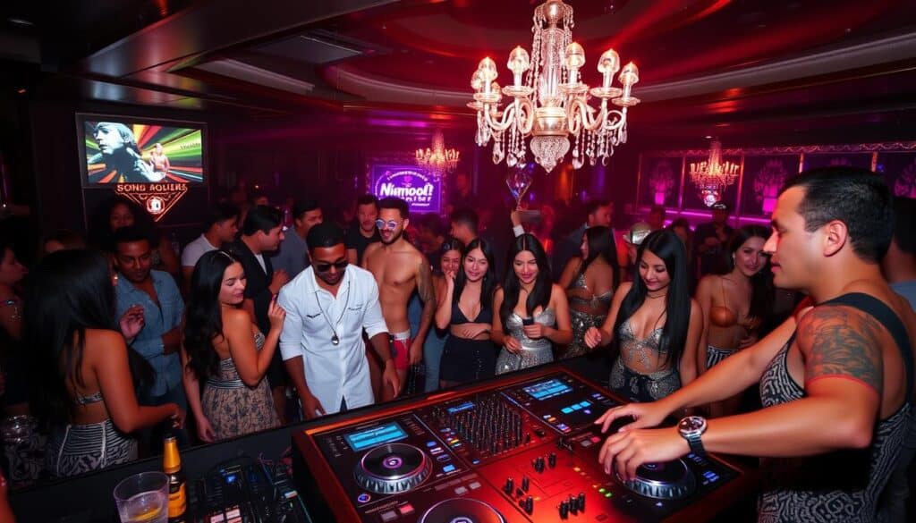 Image of a luxurious nightclub in Hollywood with celebrity patrons and a top DJ