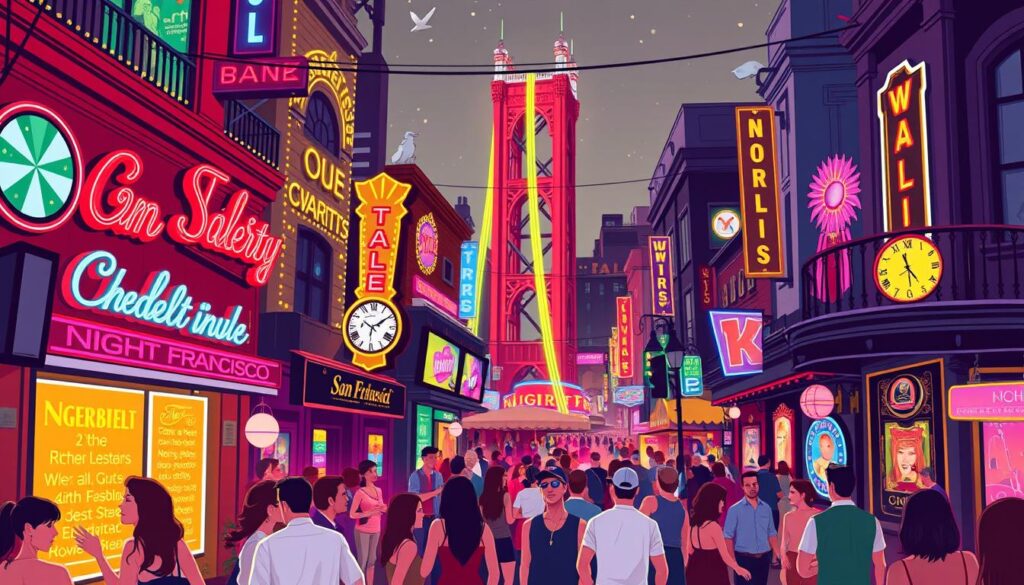 Image of a vibrant nightlife district in San Francisco with a mix of different club styles
