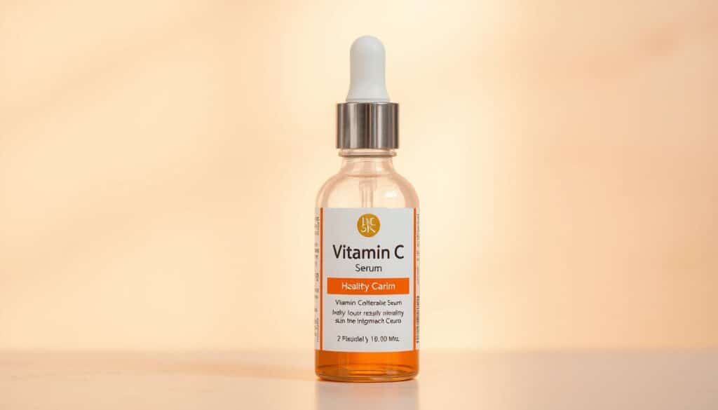 Image of a vitamin C serum bottle with a glowing skin background Image of a vitamin C serum bottle with a glowing skin background