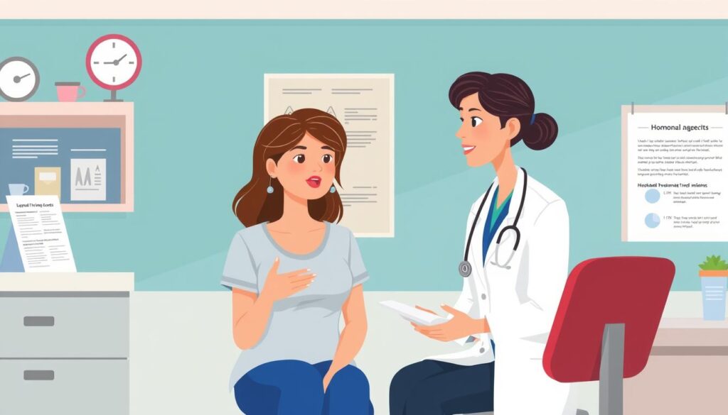Image of a woman discussing hormonal treatments for acne with a healthcare provider Image of a woman discussing hormonal treatments for acne with a healthcare provider