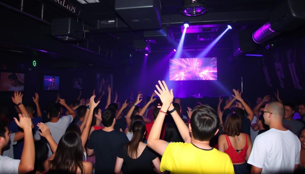 Image of an underground electronic music club in Seattle with a lively crowd and local DJs