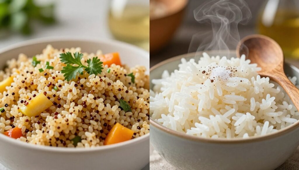 In a visually appealing kitchen setting, create a split image that contrasts quinoa and rice. On the left side, feature a vibrant bowl of cooked quinoa, with its fluffy texture and nutty color, garnished with fresh herbs and vegetables. On the right side, display a bowl of white rice, steaming and fluffy, accompanied by a subtle sprinkle of salt and a rustic wooden spoon. In the background, use natural lighting to illuminate the ingredients, enhancing their textures and colors. The atmosphere should feel warm and inviting, reflecting a healthy meal preparation space. The composition should focus closely on the bowls, ensuring they are the main subjects, while the background remains soft and slightly blurred, giving depth to the image. In a visually appealing kitchen setting, create a split image that contrasts quinoa and rice. On the left side, feature a vibrant bowl of cooked quinoa, with its fluffy texture and nutty color, garnished with fresh herbs and vegetables. On the right side, display a bowl of white rice, steaming and fluffy, accompanied by a subtle sprinkle of salt and a rustic wooden spoon. In the background, use natural lighting to illuminate the ingredients, enhancing their textures and colors. The atmosphere should feel warm and inviting, reflecting a healthy meal preparation space. The composition should focus closely on the bowls, ensuring they are the main subjects, while the background remains soft and slightly blurred, giving depth to the image.