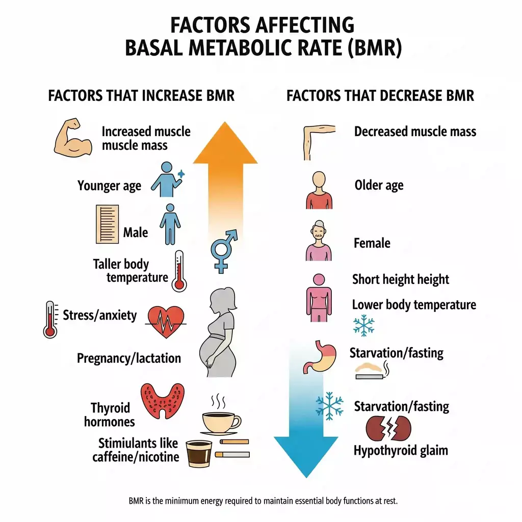 Infographic showing factors that increase and decrease BMR