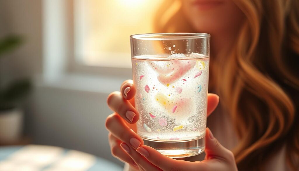 Morning sickness relief with electrolytes. A glass of clear, sparkling liquid held in a woman's hand, filled with colorful electrolyte powder particles swirling and dissolving. Warm, natural lighting emanates from an unseen window, casting a soft glow. The woman's face is not visible, but her hand and the drink are the focal point, conveying a sense of soothing, restorative nourishment. The background is blurred, creating a tranquil, meditative atmosphere. The image evokes a feeling of comfort and well-being, perfectly illustrating the concept of morning sickness relief through electrolyte replenishment.