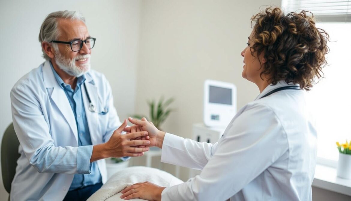 Person receiving alternative therapy for mesothelioma with practitioner in clinical setting