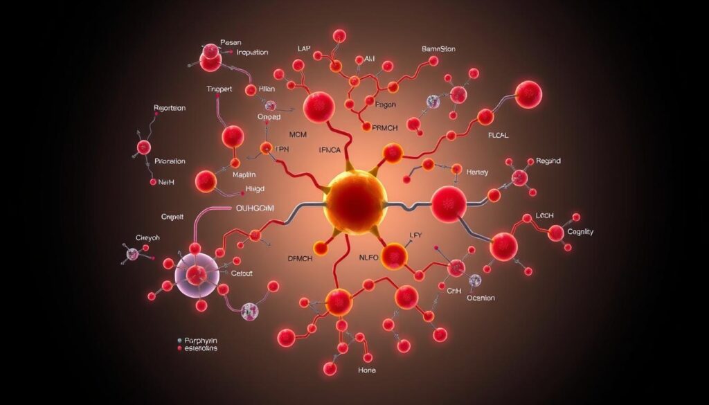 Porphyrin metabolism: a detailed biochemical diagram showcasing the complex enzymatic pathways and molecular structures involved in the biosynthesis and regulation of heme, the essential iron-containing cofactor. Rendered in a technical, scientific style with precise geometric shapes, vibrant colors, and meticulous attention to chemical accuracy. Illuminated by soft, directional lighting to highlight the intricate molecular interactions, set against a minimalist, muted background to emphasize the central subject. Elegant, informative, and visually captivating - a vivid representation of the crucial metabolic processes underlying porphyria cutanea tarda.