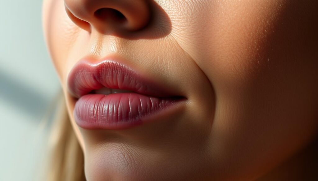 Realistic close-up photograph of a woman's face, highlighting the pigmentation around the mouth. Soft, natural lighting from the side, creating subtle shadows and highlights. The skin tone is slightly uneven, with visible discoloration and patches of darker pigmentation concentrated around the lips and corners of the mouth. The texture of the skin is detailed, showing pores and fine lines. The focus is sharp, emphasizing the facial features and pigmentation. The background is blurred, keeping the attention on the subject's mouth area.