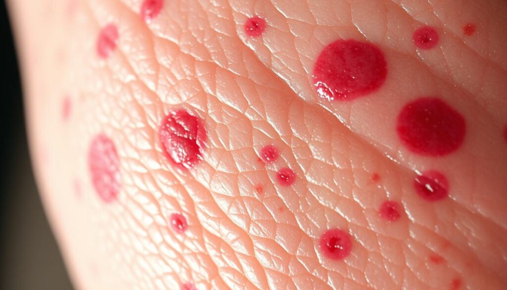 Scleroderma skin manifestations: a high-contrast close-up view of thickened, hardened skin with a shiny, taut appearance; visible capillary damage and telangiectasias; mottled discoloration ranging from reddish to purplish hues; a tactile sense of the skin's rigidity and lack of pliability. Dramatic lighting from an angle accentuates the textural details, while a shallow depth of field isolates the affected skin region against a softly blurred background. The overall mood is one of clinical examination, highlighting the characteristic dermatological features of this chronic autoimmune condition. Scleroderma skin manifestations: a high-contrast close-up view of thickened, hardened skin with a shiny, taut appearance; visible capillary damage and telangiectasias; mottled discoloration ranging from reddish to purplish hues; a tactile sense of the skin's rigidity and lack of pliability. Dramatic lighting from an angle accentuates the textural details, while a shallow depth of field isolates the affected skin region against a softly blurred background. The overall mood is one of clinical examination, highlighting the characteristic dermatological features of this chronic autoimmune condition.