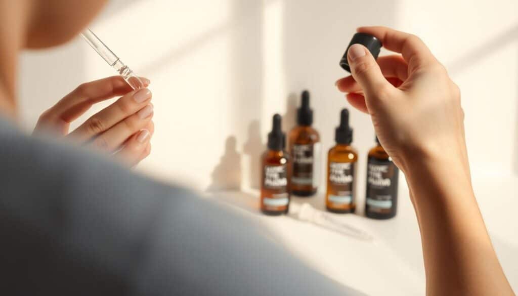 Serum application guide: a clean, minimalist layout showcasing the step-by-step process. In the foreground, a woman's hand gently applies a skincare serum, her movements delicate and precise. The middle ground features various serums and pipettes, arranged neatly against a soft, neutral background. Subtle lighting casts a warm, inviting glow, creating a sense of ease and confidence. The overall mood is one of simplicity, self-care, and the transformative power of effective skincare. Captured with a shallow depth of field, the image draws the viewer's attention to the core focus - the proper application of a skin-reviving serum.