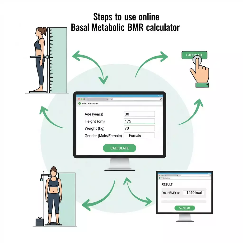 Step-by-step visual guide showing how to use the BMR calculator