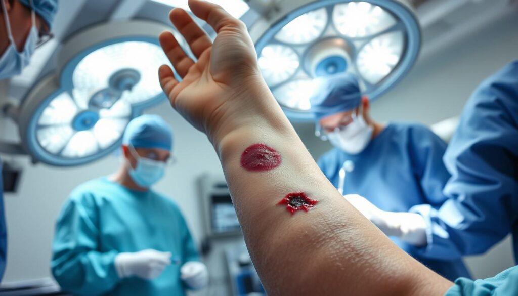 Sterile surgical theater, bright overhead lighting illuminating the procedure. A patient's limb, skin exposed and prepped, as a skilled surgeon meticulously excises a malignant melanoma lesion, removing cancerous tissue with precision. The incision site is carefully mapped, margins marked to ensure complete tumor removal. Assistants stand by, ready with sutures and dressings to close the wound. An atmosphere of focused intensity, a delicate balance of caution and expertise as the medical team works to eradicate the cancer.