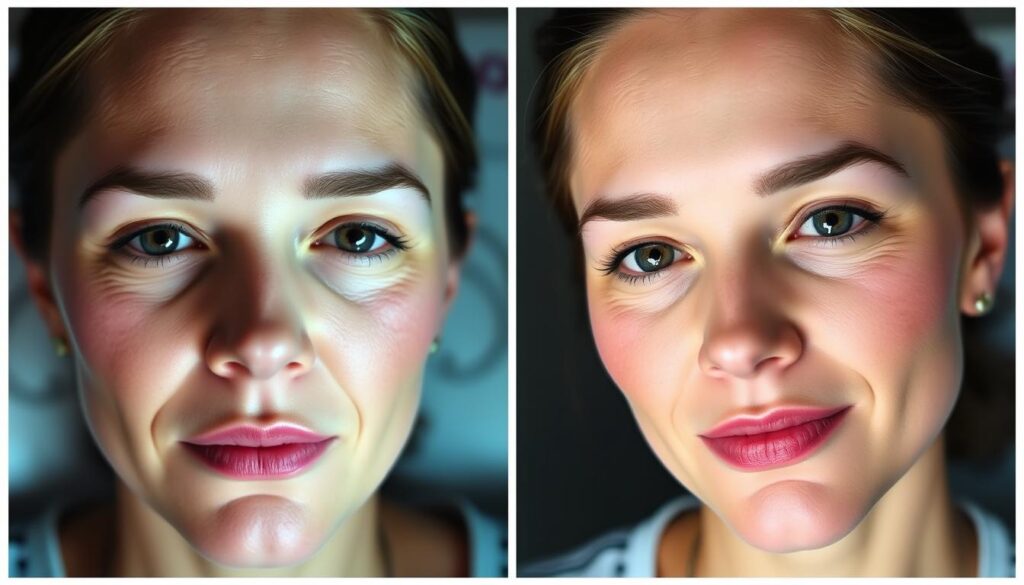 Vivid side-by-side photographs capturing the transformative effects of a HydraFacial treatment. In the "before" image, the subject's skin appears dull, with visible impurities and uneven texture. Dramatic lighting illuminates pores and blemishes. In the "after" image, the subject's complexion is radiant, with a smooth, youthful glow. Soft, diffused lighting accentuates the refined, rejuvenated skin. The images are presented with a clean, clinical aesthetic, allowing the skin's remarkable improvement to take center stage. The contrasting images convey the tangible benefits of regular HydraFacial treatments, inspiring the viewer to consider this transformative skincare solution.