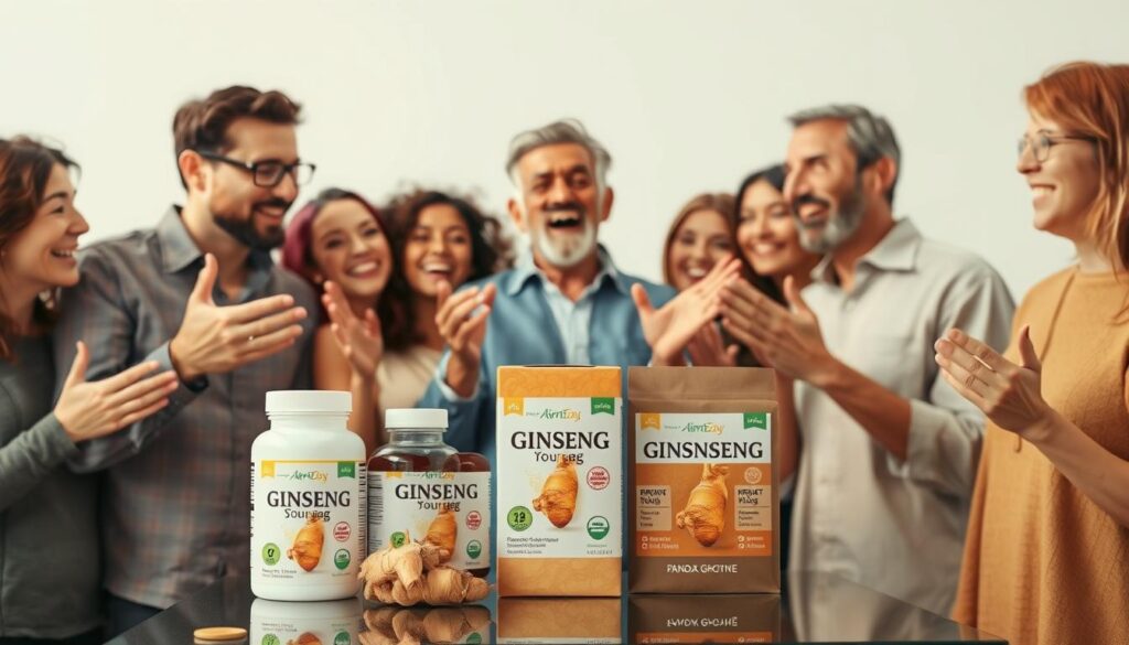 Warm-toned portrait of people enthusiastically discussing the benefits of Panax ginseng, set against a clean white background. In the foreground, a diverse group of adults gesturing animatedly while holding bottles of ginseng supplements. In the middle ground, product packaging and labels showcasing the ginseng root and its key properties. The lighting is soft and diffused, creating a sense of natural, authentic experience. The overall mood is one of positivity, energy, and consumer trust in the efficacy of the herbal remedy.