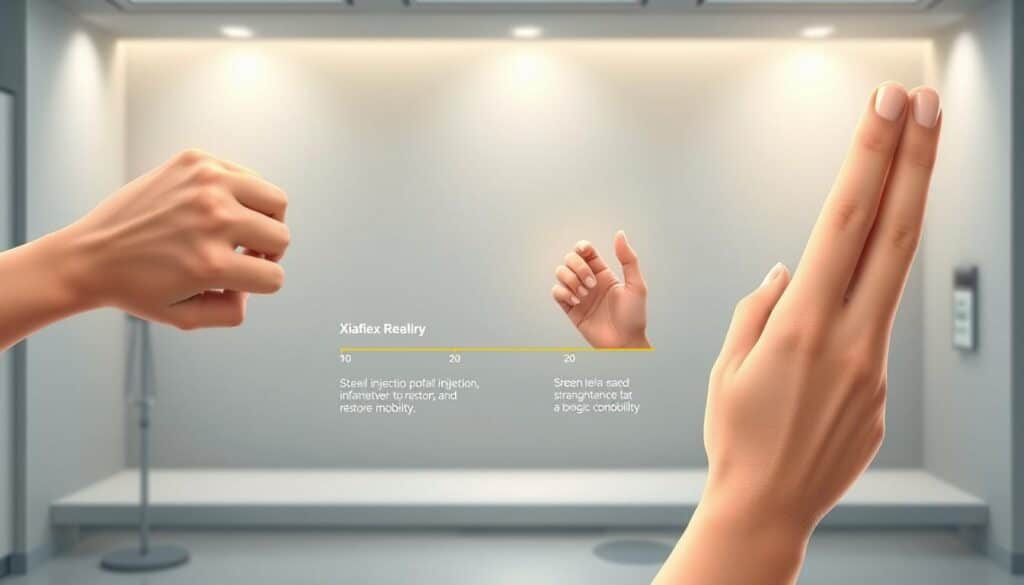 Xiaflex recovery timeline: A detailed medical illustration showcasing the progressive healing stages following a Xiaflex injection treatment. In the foreground, a close-up view of the affected hand, gently transitioning from post-injection swelling to gradual reduction of inflammation and restoration of mobility. The middle ground depicts the gradual straightening of the previously bent finger, with a timeline graphic illustrating the expected recovery timeline. The background features a neutral, minimalist medical setting, lit by soft, natural lighting to convey a sense of calm and reassurance. The overall tone is informative, educational, and visually compelling, designed to aid patient understanding of the Xiaflex recovery process.