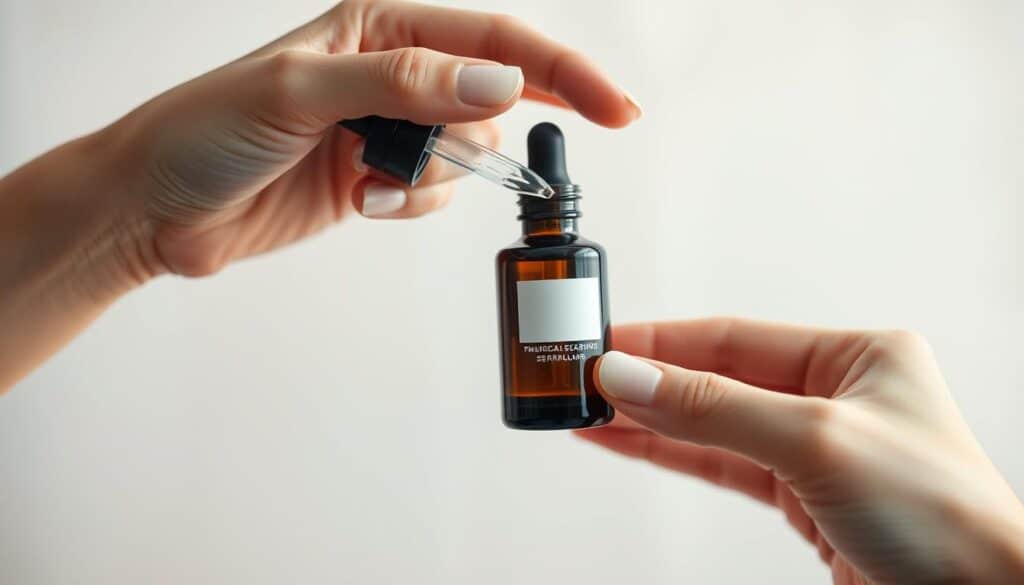 a close-up photograph of a hand holding a dark glass bottle with a dropper applicator, the bottle filled with a clear serum or treatment liquid. The hand is positioned against a soft, out-of-focus background with muted pastel colors, creating a minimalist, high-end cosmetic product aesthetic. The lighting is soft and diffused, enhancing the textures and reflections of the glass bottle. The angle is slightly angled to showcase the product's form and branding. The overall mood is serene, sophisticated, and inviting, drawing the viewer's attention to the skincare treatment.