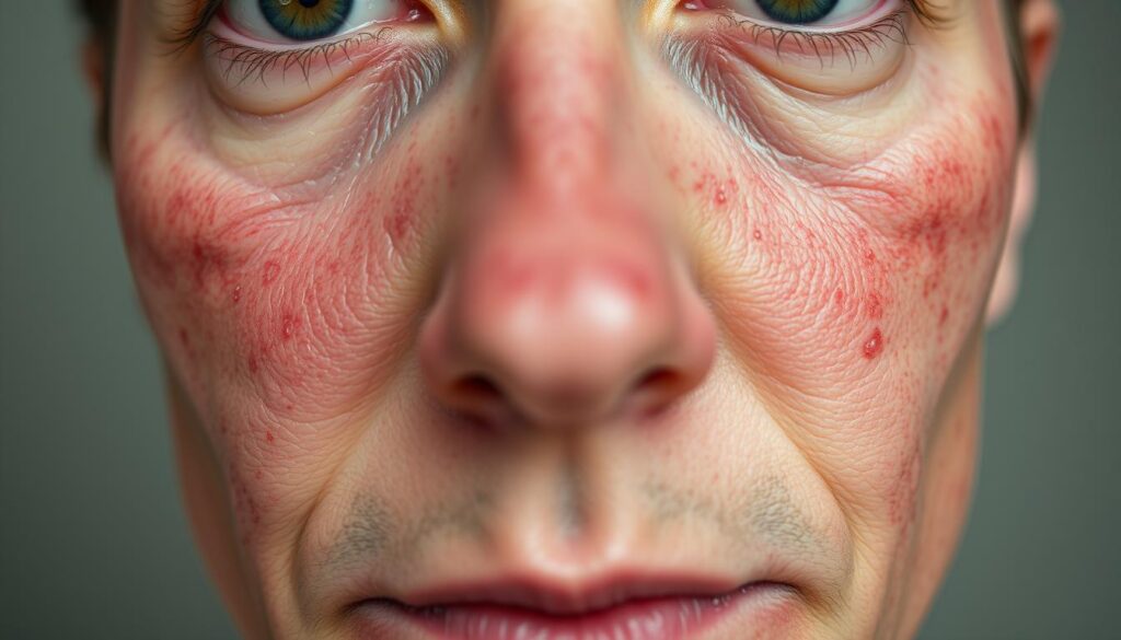 a close-up photograph of a person's face showing the typical symptoms of rosacea, including red and inflamed skin, visible blood vessels, and small pus-filled bumps. The image should be well-lit and in sharp focus, with a shallow depth of field to emphasize the facial features. The skin tones should appear slightly ruddy and irritated, and the overall mood should convey a sense of discomfort or unease. The camera angle should be slightly elevated to create a natural and relatable perspective. The background should be neutral and uncluttered, allowing the viewer to focus on the details of the rosacea symptoms.