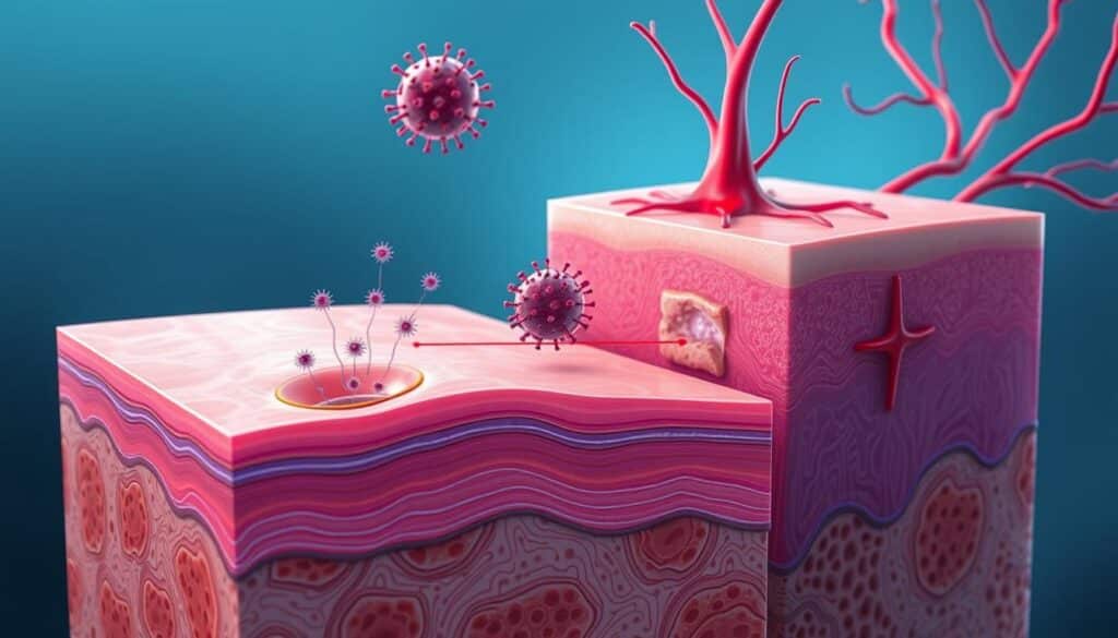 a detailed medical illustration depicting the transmission of human papillomavirus (HPV) infection. the image should show a cross-section of human skin with the epidermis and dermis layers clearly visible. in the foreground, depict the HPV virus particles entering through micro-abrasions in the skin, represented as small openings or cracks in the epidermal layer. in the middle ground, show the viral particles traveling through the epithelial cells and reaching the basal layer where they begin to replicate. in the background, illustrate blood vessels and connective tissue in the dermal layer. use a cool, clinical color palette with soft lighting to convey a sense of medical objectivity. the overall composition should emphasize the mechanisms of HPV transmission in a clear, informative manner.
