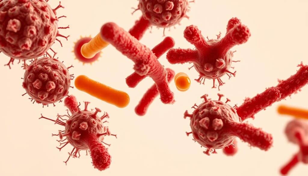 a high-magnification, detailed illustration of a group of spherical, rod-shaped, and irregular-shaped acne bacteria in various shades of brown, red, and yellow, with intricate cell structures and appendages, set against a plain, neutral background with soft, even lighting to highlight the textural details of the microorganisms a high-magnification, detailed illustration of a group of spherical, rod-shaped, and irregular-shaped acne bacteria in various shades of brown, red, and yellow, with intricate cell structures and appendages, set against a plain, neutral background with soft, even lighting to highlight the textural details of the microorganisms