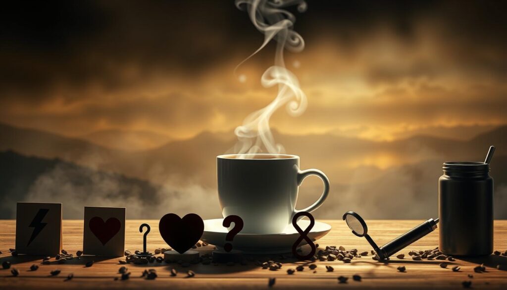 a highly detailed, photorealistic digital painting of various myths and misconceptions surrounding the relationship between coffee and erectile dysfunction, shown in a dramatic, cinematic style with dynamic lighting and cinematic camera angles. in the foreground, a series of stylized icons and symbols representing common beliefs about coffee's effects on sexual health, such as a lightning bolt, a crossed-out heart, a question mark, and a magnifying glass. in the middle ground, a steaming cup of coffee set against a backdrop of moody, atmospheric shadows and highlights, suggesting the ambiguity and uncertainty around the topic. in the background, a hazy, dreamlike landscape with vague, ethereal forms to convey the sense of myth and legend. the overall mood is one of intrigue, contemplation, and a touch of whimsy, drawing the viewer into the complex and often misunderstood relationship between coffee and erectile function.