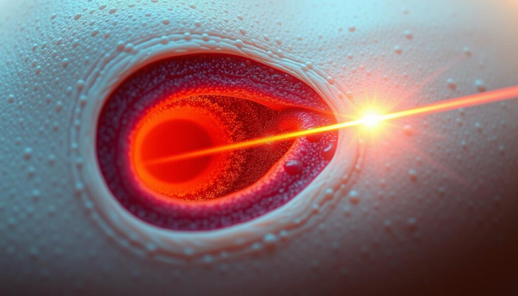 a highly detailed, photorealistic illustration of melanin absorption in a laser treatment for hyperpigmentation, featuring a close-up cross-section view of the skin, with the epidermis, dermis, and melanocytes clearly visible. The laser beam should be shown penetrating the skin, interacting with the melanin-rich areas and causing them to heat up and dissipate. The lighting should be dramatic, with the laser beam casting a bright, sharp glow, and the surrounding area in soft, diffused lighting to emphasize the key details. The overall mood should be clinical yet visually striking, conveying the scientific principles behind this treatment in a compelling and informative manner.
