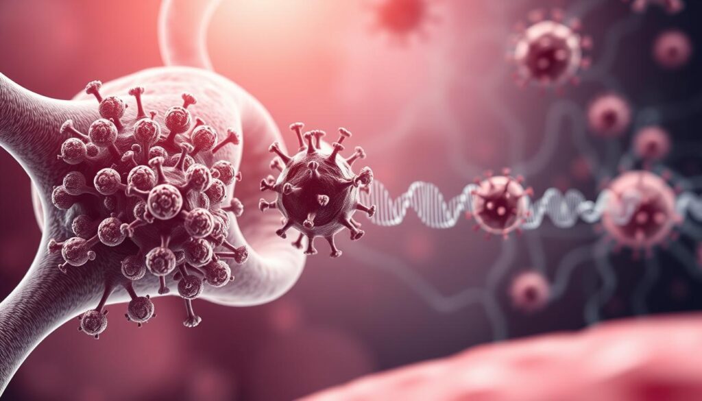a highly detailed, scientifically accurate illustration of the varicella-zoster virus reactivation process, depicted as a close-up view of a collection of viral particles infecting and replicating within a human nerve cell. the composition should be arranged to clearly showcase the different stages of the viral life cycle, with the foreground dominated by clusters of virus particles attached to the cell membrane and entering the cytoplasm, the middle ground revealing viral genetic material being transcribed and translated, and the background hinting at the wider neural network affected by the infection. the image should have a clinical, almost surgical aesthetic, with crisp lighting, muted color tones, and a sense of technical precision, in order to convey the medical significance of this process in the development of shingles.