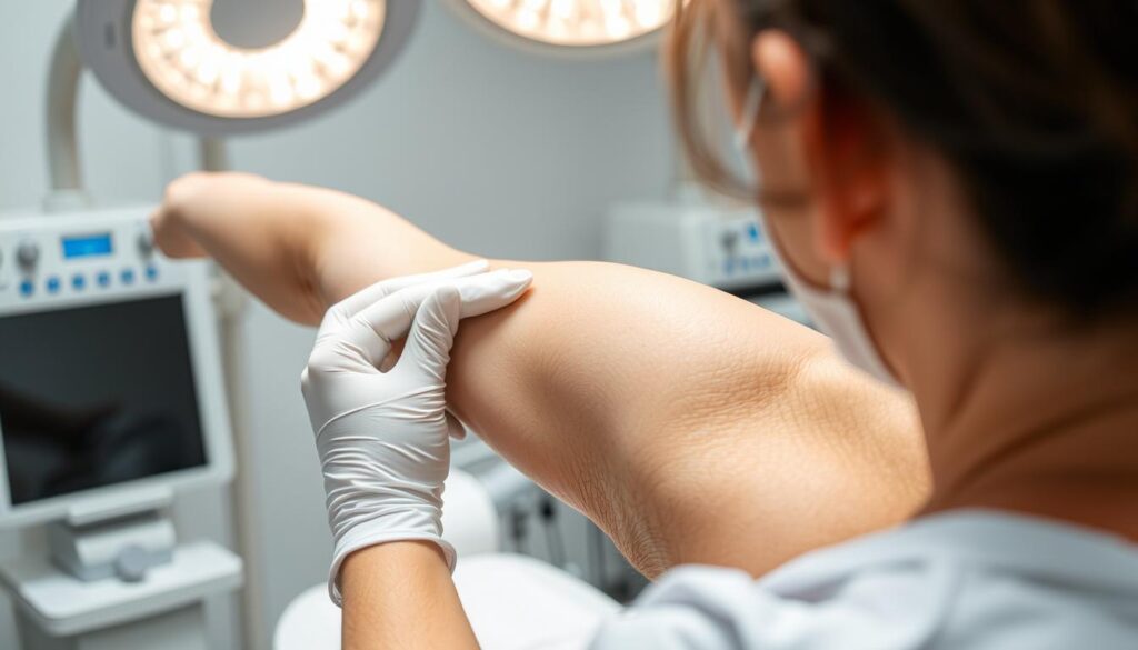 a medical clinic setting, with a patient's arm extended and undergoing preparation for a laser hair removal treatment. the scene is brightly lit, with clean and sterile medical equipment visible in the background. the technician's gloved hands are gently applying a cooling gel to the patient's underarm area, getting it ready for the laser procedure. there is a sense of professionalism and care in the atmosphere, conveying the expertise and attention to detail required for this delicate treatment. the composition emphasizes the focal point of the underarm area, highlighting the steps involved in the preparation process.