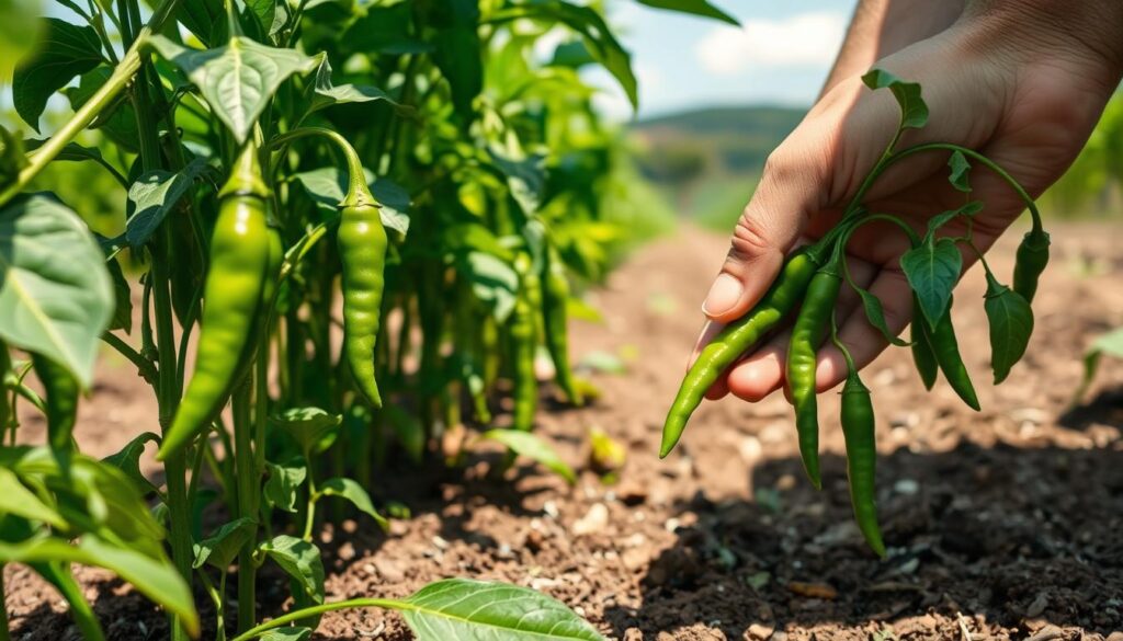 harvesting shishito peppers at optimal ripeness